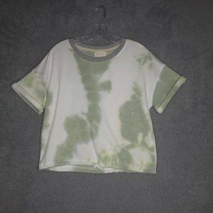 Melloday Womens Crop Top Green Tie Dye Cuffed Short Sleeve Drawstring XS New